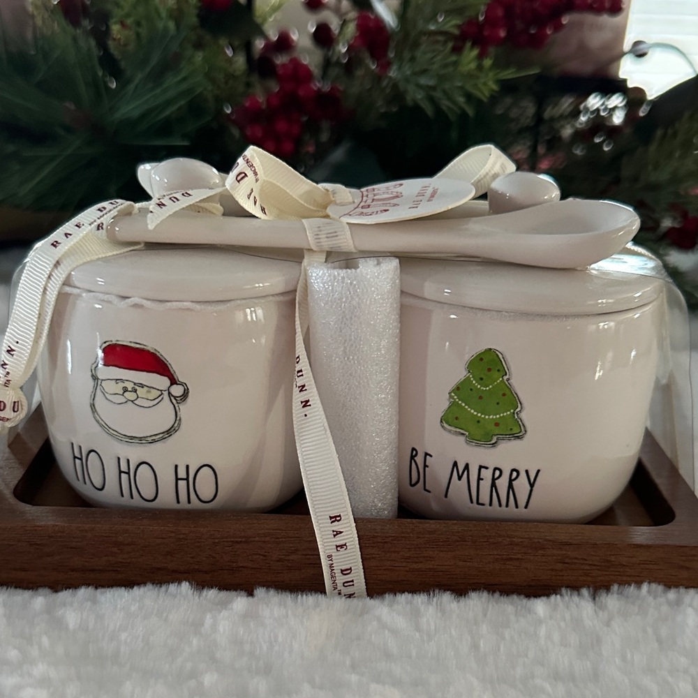 Rae Dunn White Holiday Jam Set with Festive Designs and serving spoons